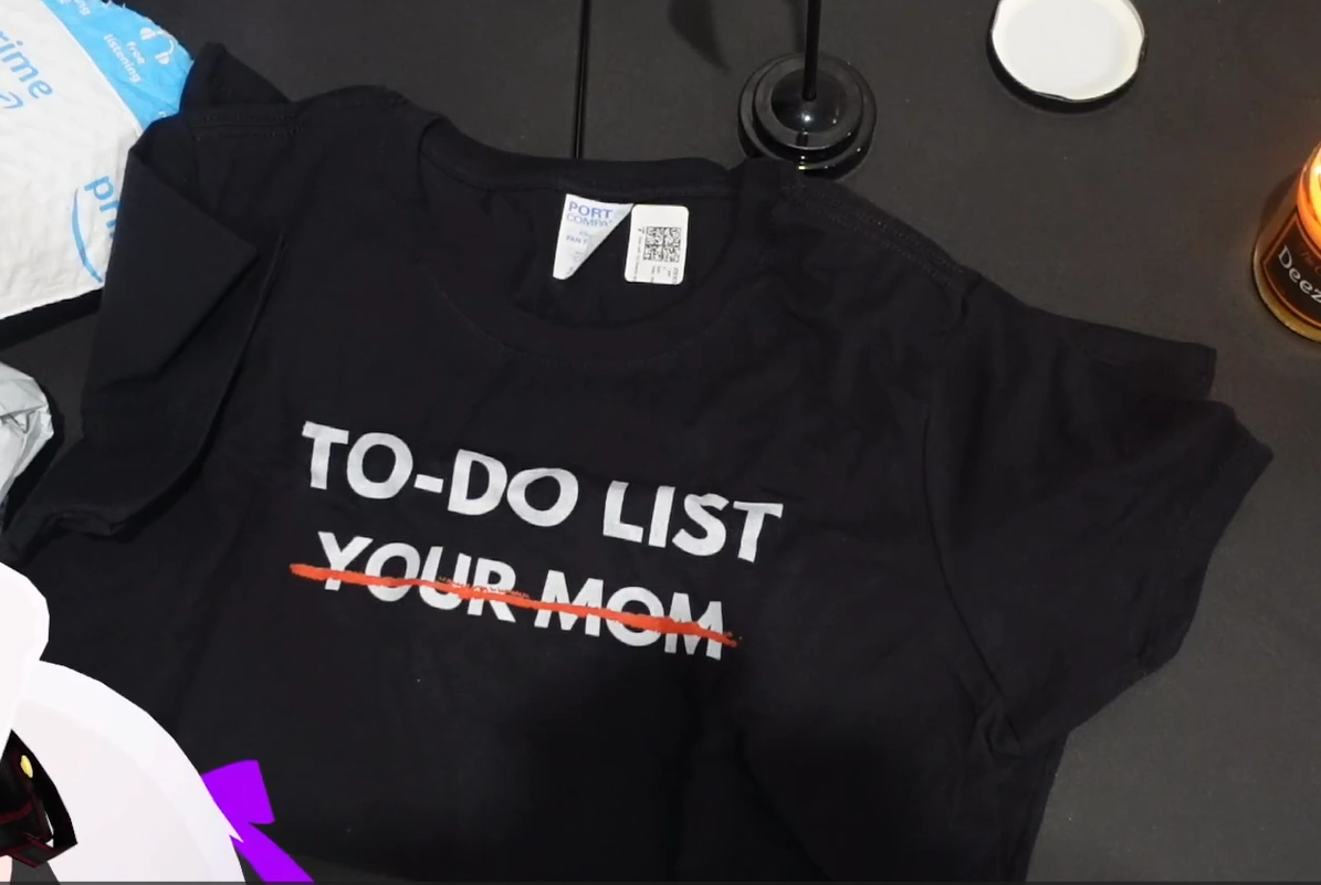 a black t-shirt that reads 'to do list: your mom' and your mom is crossed off