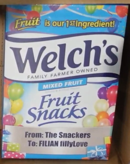 monogramed box of welche's fruit snacks 'from: the snackers to: Filian fillylove