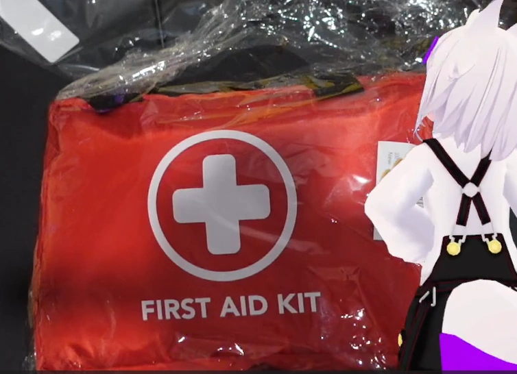 a red bag with a white corss on it with first aid equipment inside