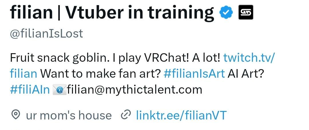 A screenshot of Filian's Twitter profile with her location set to 'Your Mom's House'.